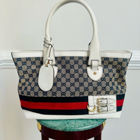 Gucci GG Blue,Red and White Web Stripe Signature Tote Bag - Picture 11 of 17